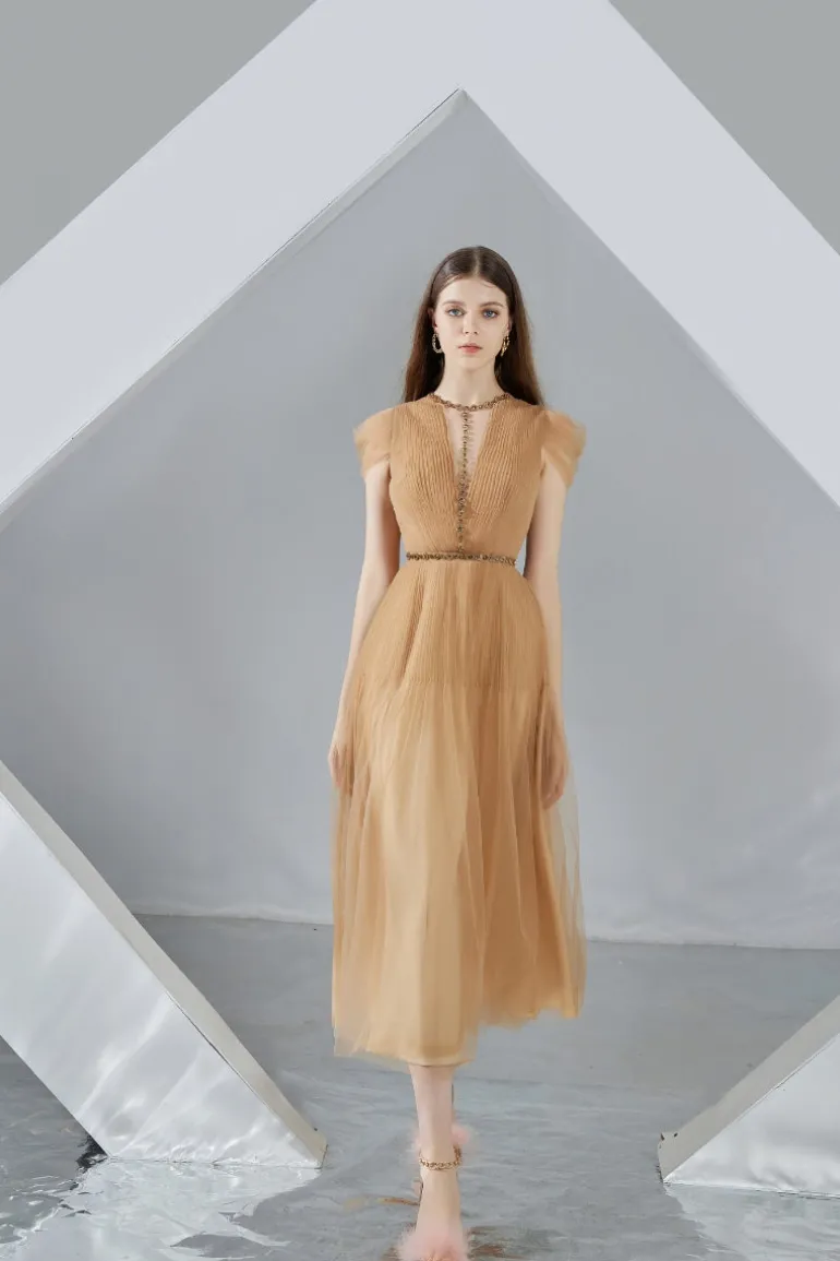 Dresses | Midi Dresses<CULT MIA FLORENCE PLEATED MESH MIDI DRESS Brown