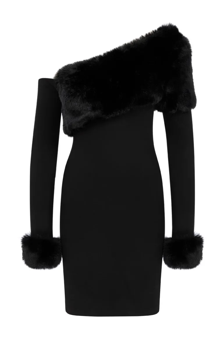 Dresses | Mini Dresses<CULT MIA FROSTY NOIR MINI DRESS WITH FUR Black