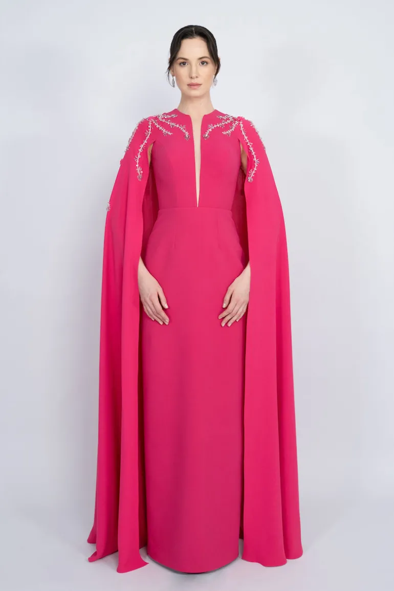 Dresses<CULT MIA STRAIGHT CUT WITH CAPE LONG DRESS Fuchsia
