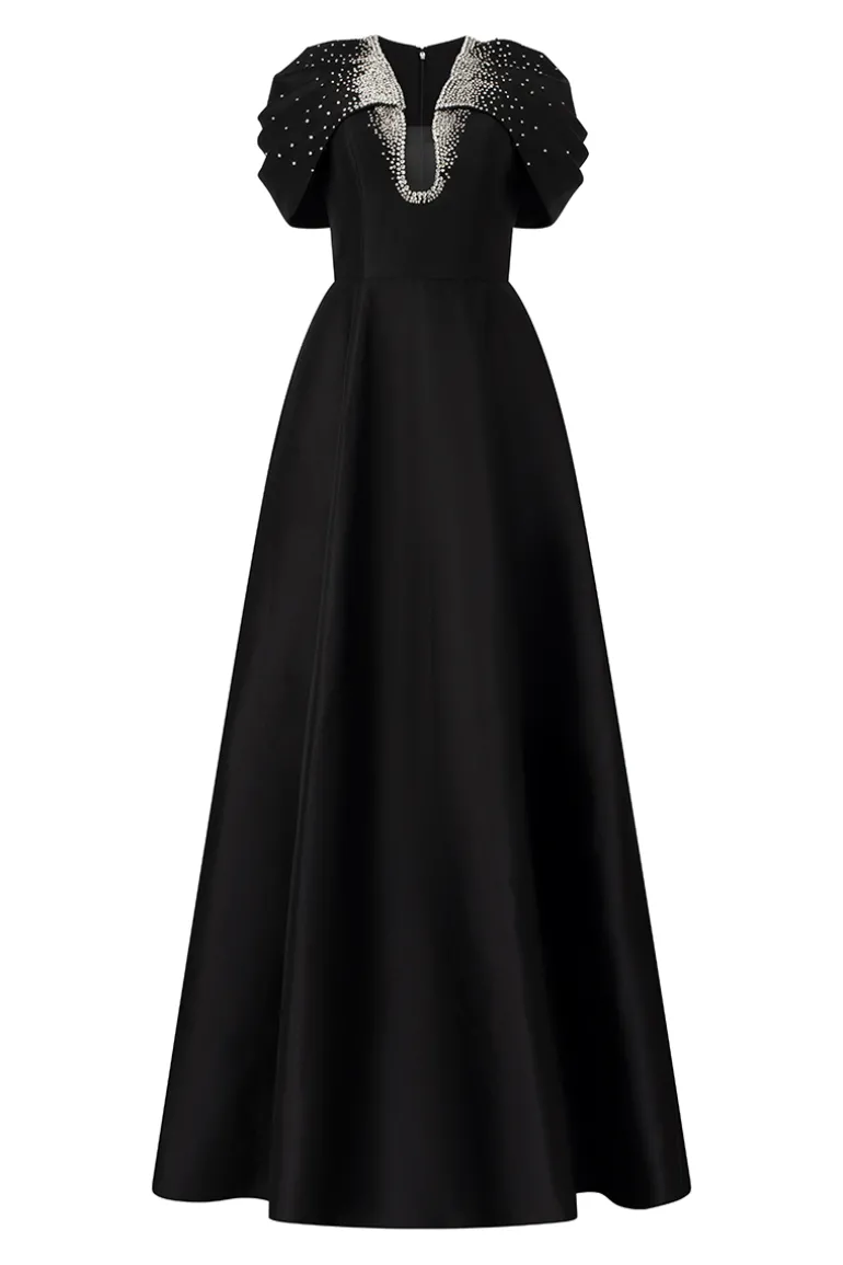 Dresses<CULT MIA GATHERED CAPE SHOULDER A-LINE DRESS Black