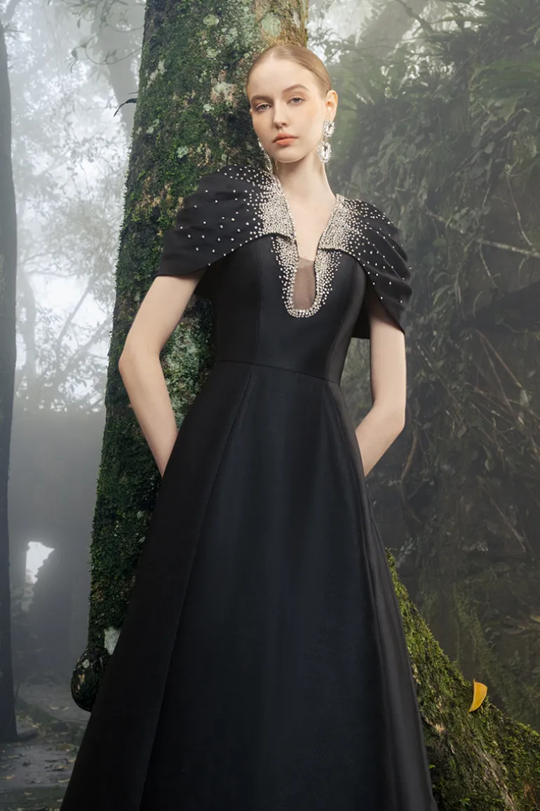 Dresses<CULT MIA GATHERED CAPE SHOULDER A-LINE DRESS Black