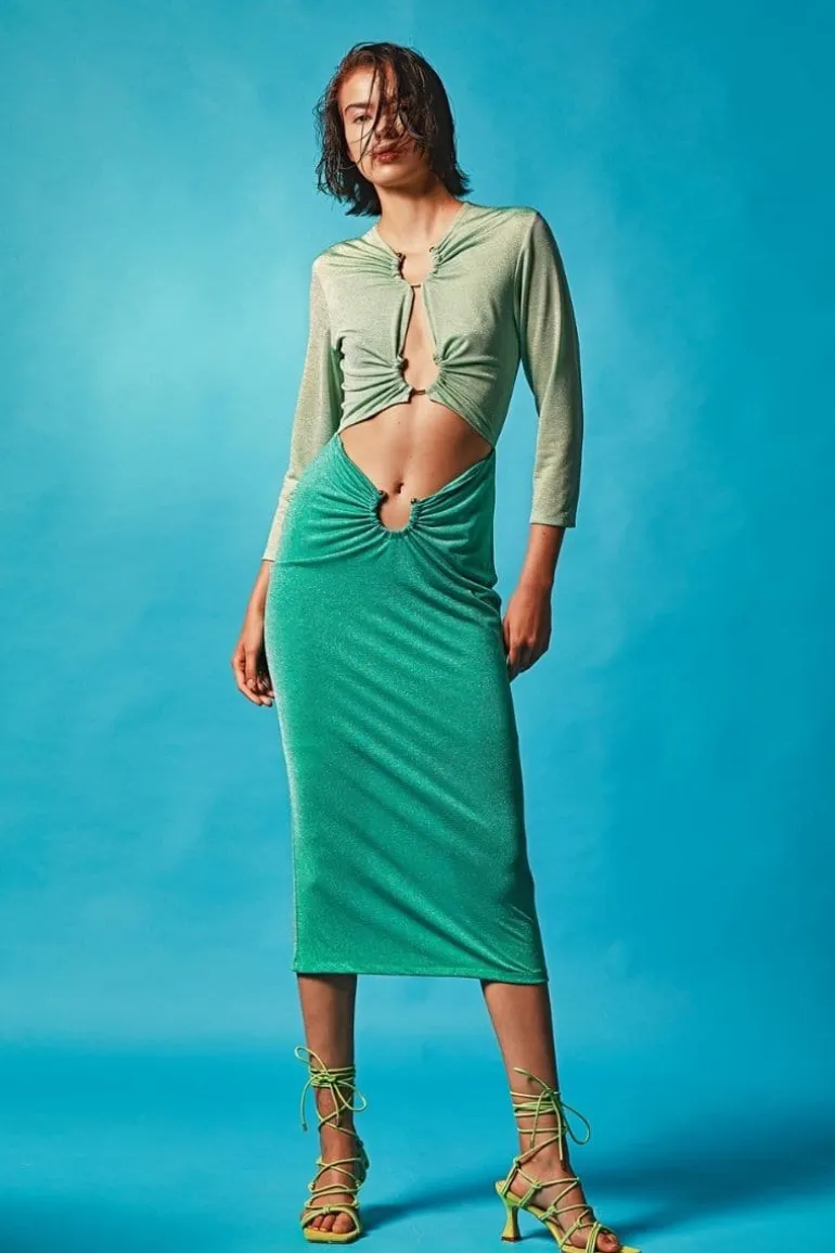 Dresses | Midi Dresses<CULT MIA GIZEM METALLIC KNITTED MIDI DRESS Turquoise