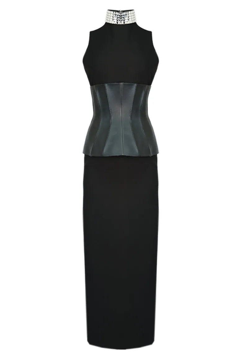 Dresses | Gowns<CULT MIA GLAMOUROUS MIRROR-EMBELLISHED GOWN WITH VEGAN CORSET BELT Black