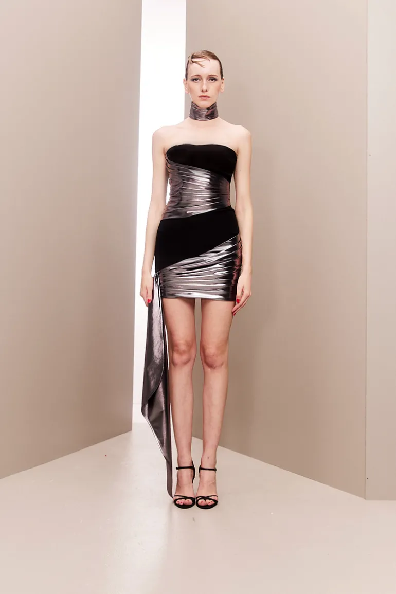 Dresses | Mini Dresses<CULT MIA GLEAMING DRAPED METALLIC MINI DRESS Black