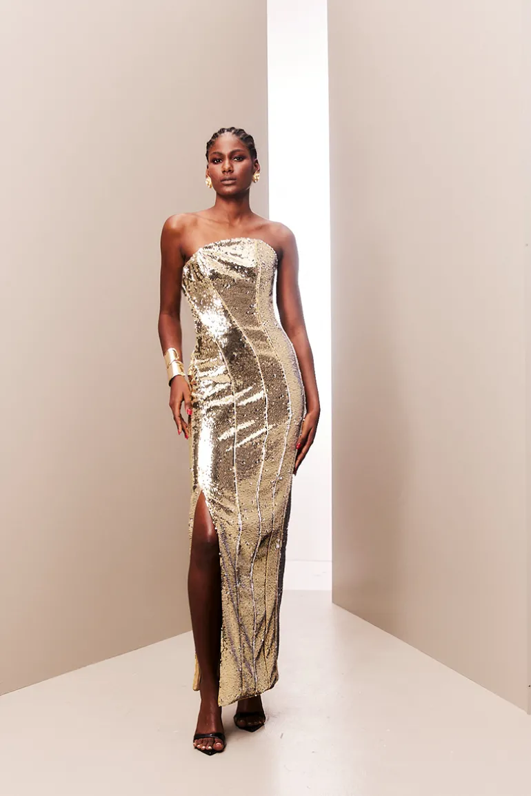 Dresses<CULT MIA SEQUINED STRAPLESS CORSET DRESS Gold