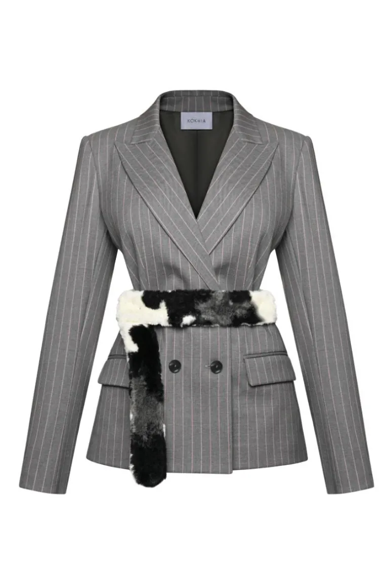 Blazers<CULT MIA GRAY FAUX FUR BELT BLAZER Gray and Pink Pinstripe