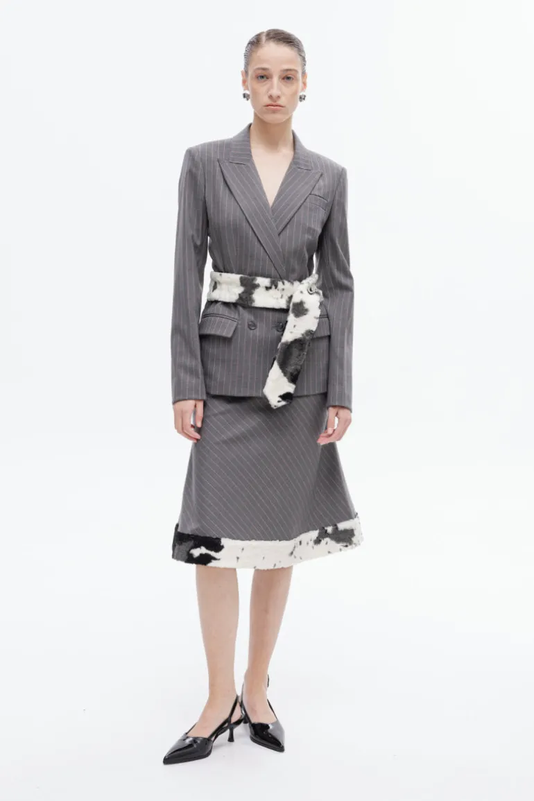 Blazers<CULT MIA GRAY FAUX FUR BELT BLAZER Gray and Pink Pinstripe