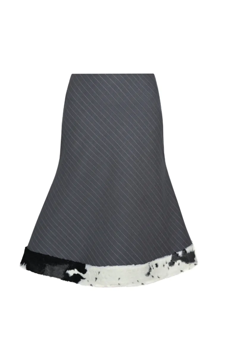 Skirts<CULT MIA GRAY FAUX FUR HEM MIDI SKIRT Gray and Pink Pinstripe
