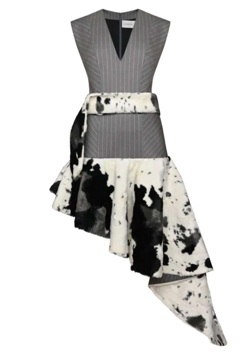 Dresses | Midi Dresses<CULT MIA GRAY FAUX FUR TRIM MIDI DRESS Gray and Pink Pinstripe