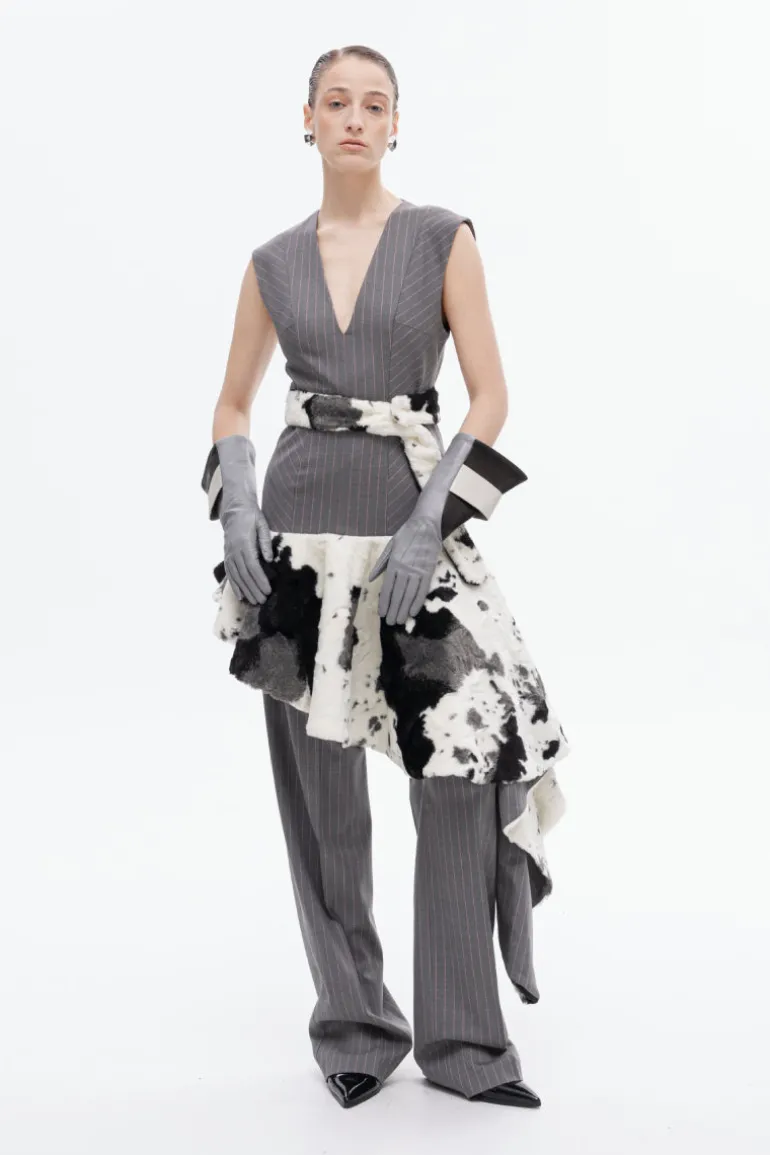 Dresses | Midi Dresses<CULT MIA GRAY FAUX FUR TRIM MIDI DRESS Gray and Pink Pinstripe