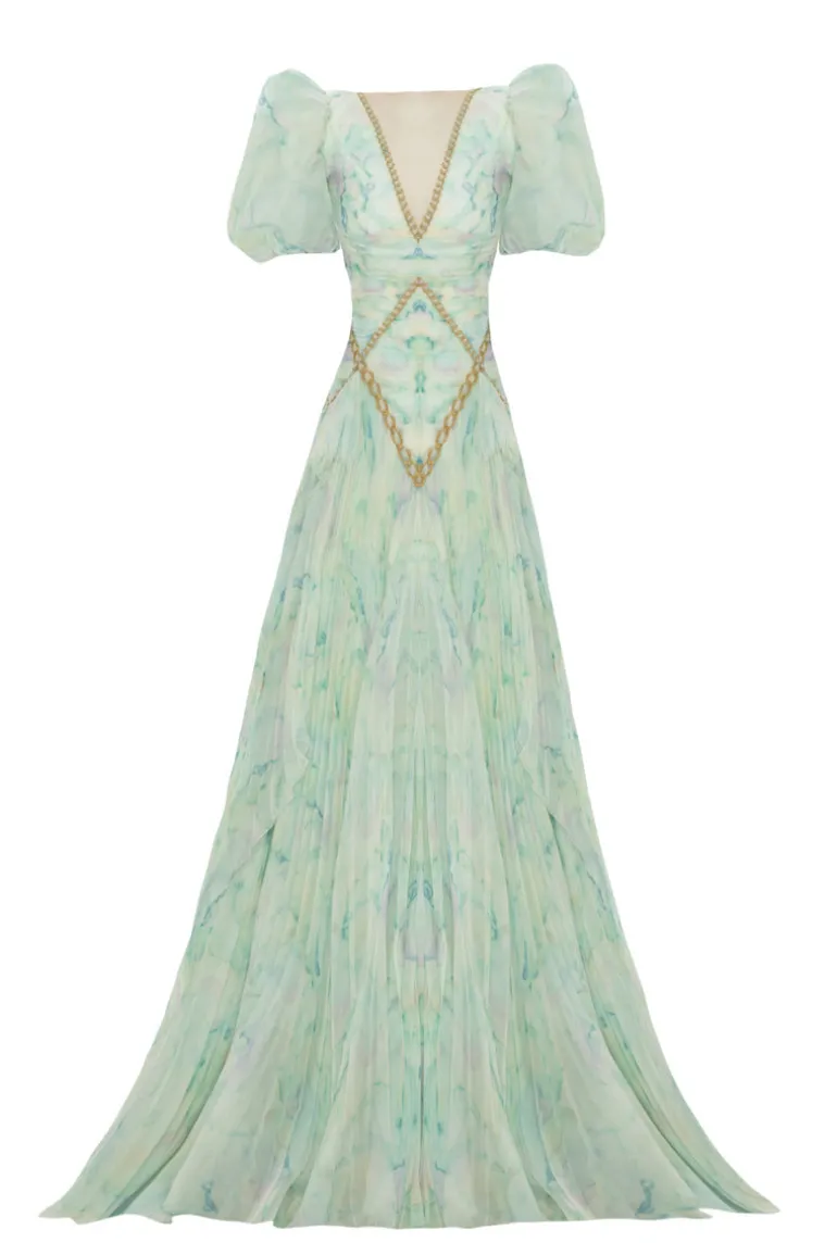 Dresses<CULT MIA GREEN HANDMADE PUFF SLEEVE PLEATED LONG DRESS Light Green