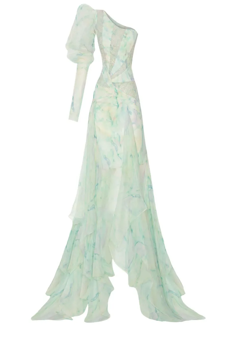 Dresses | Midi Dresses<CULT MIA GREEN ONE-SHOULDER STONE PRINTED LACE MAXI DRESS Light Green