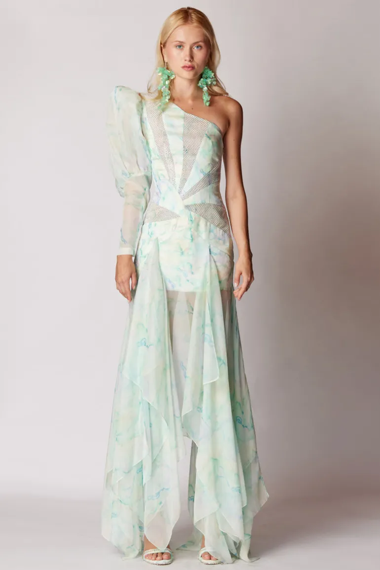 Dresses | Midi Dresses<CULT MIA GREEN ONE-SHOULDER STONE PRINTED LACE MAXI DRESS Light Green