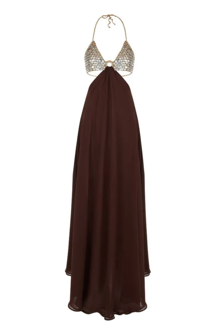 Dresses<CULT MIA HAND-CROCHET MOTHER OF PEARL CHIFFON MAXI DRESS Brown