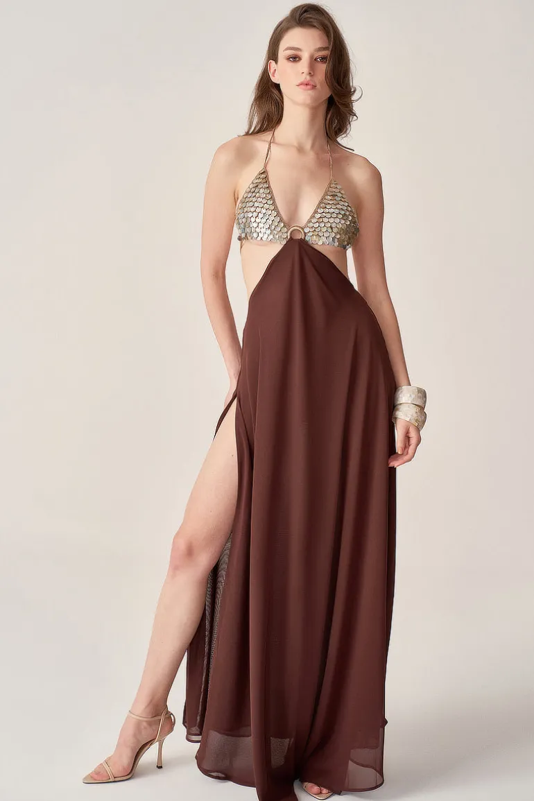 Dresses<CULT MIA HAND-CROCHET MOTHER OF PEARL CHIFFON MAXI DRESS Brown