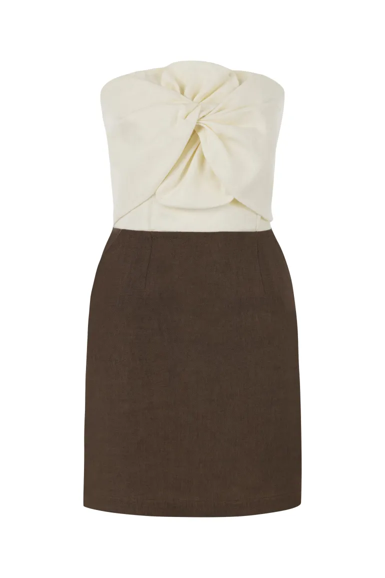 Dresses | Mini Dresses<CULT MIA HAZEL TWO-TONE LINEN TWIST MINI DRESS Cappuccino and Off-White