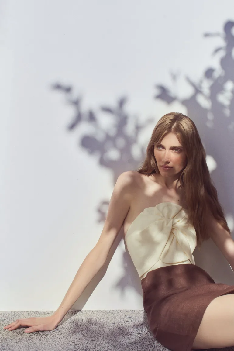 Dresses | Mini Dresses<CULT MIA HAZEL TWO-TONE LINEN TWIST MINI DRESS Cappuccino and Off-White