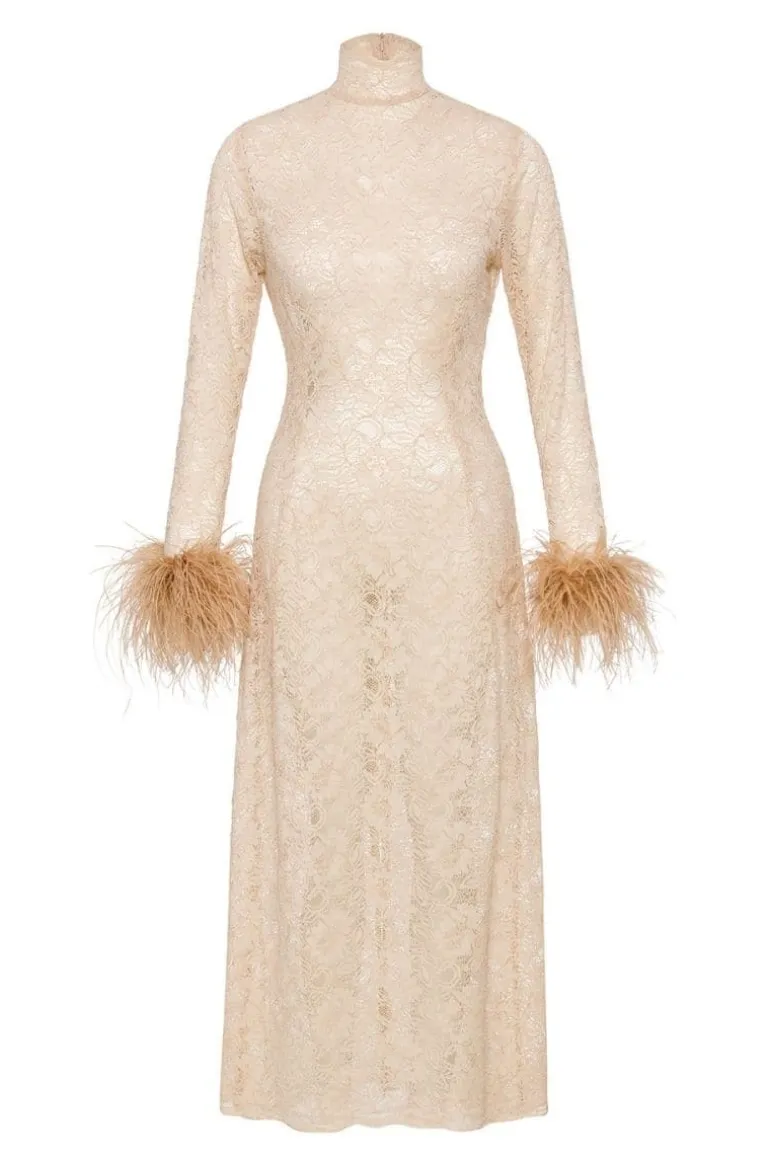 Dresses | Midi Dresses<CULT MIA HERA FEATHER-TRIMMED MIDI DRESS Beige