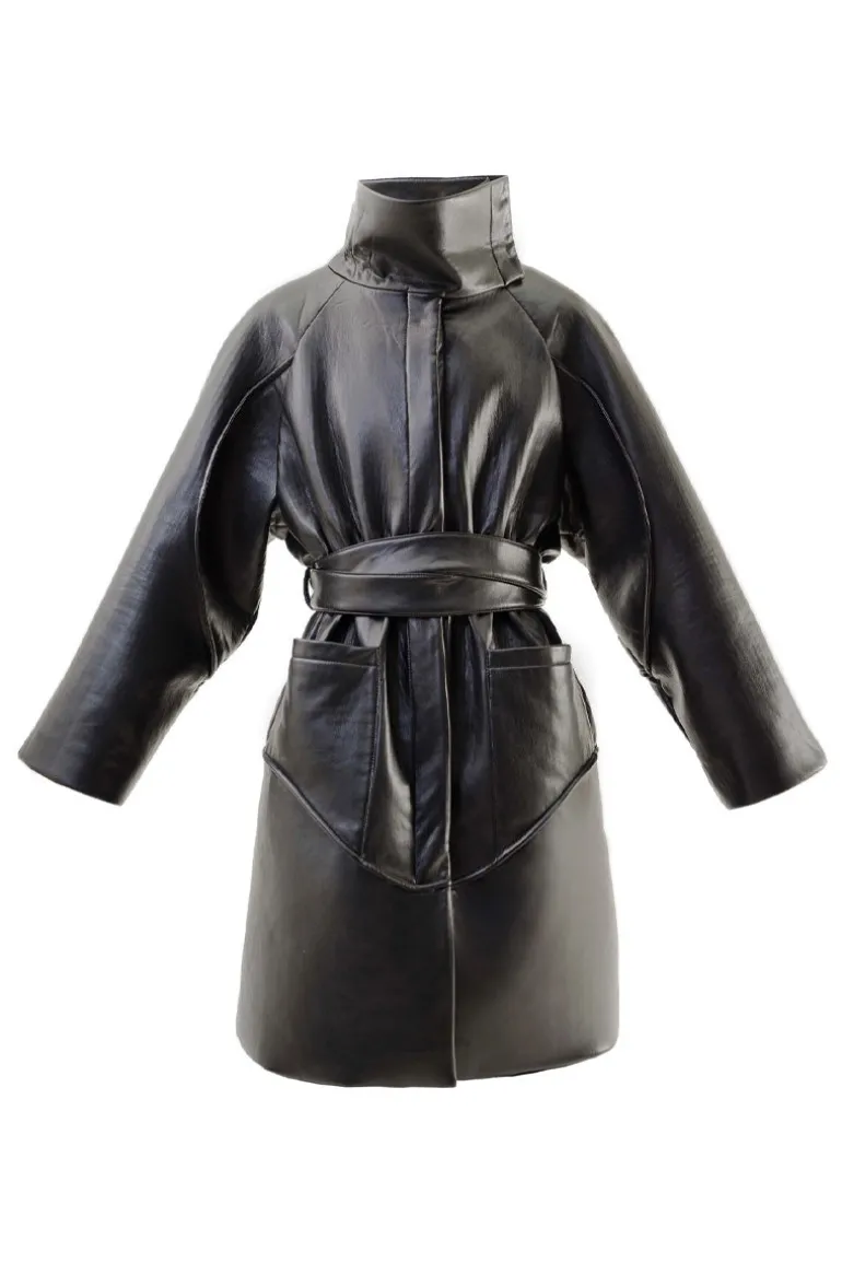 Coats<CULT MIA HIGH-NECK FAUX LEATHER TRENCH COAT Black