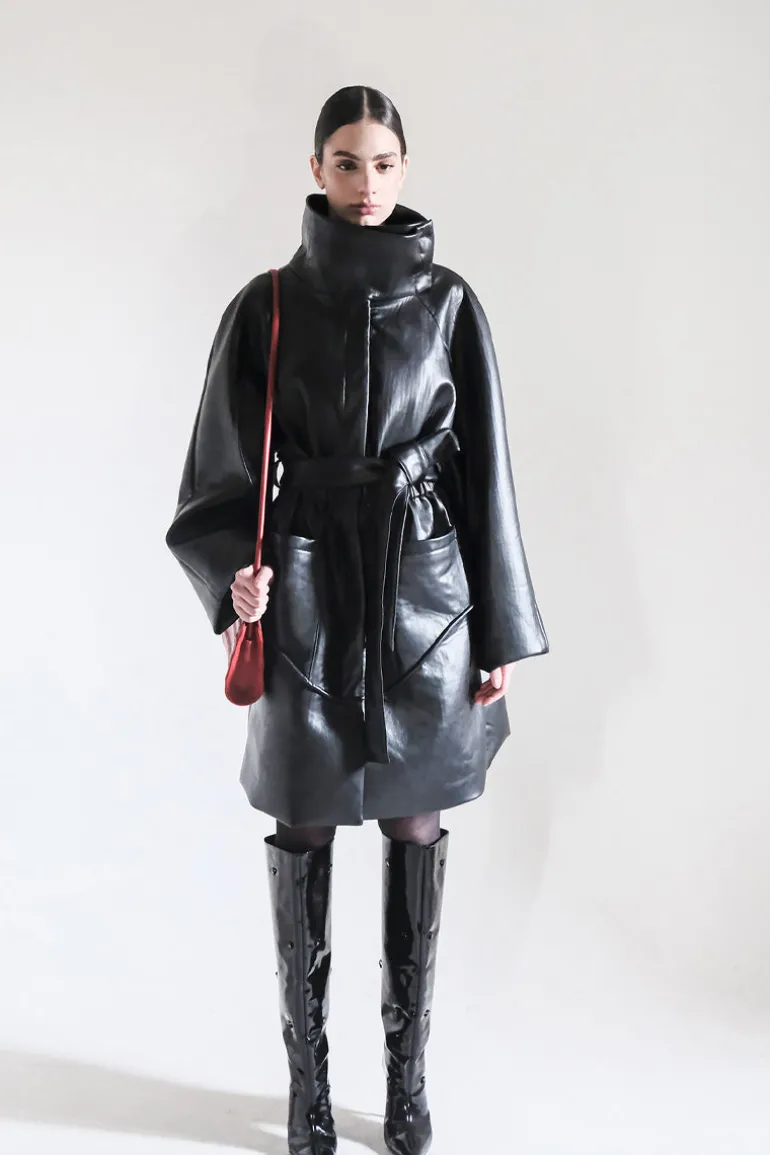 Coats<CULT MIA HIGH-NECK FAUX LEATHER TRENCH COAT Black