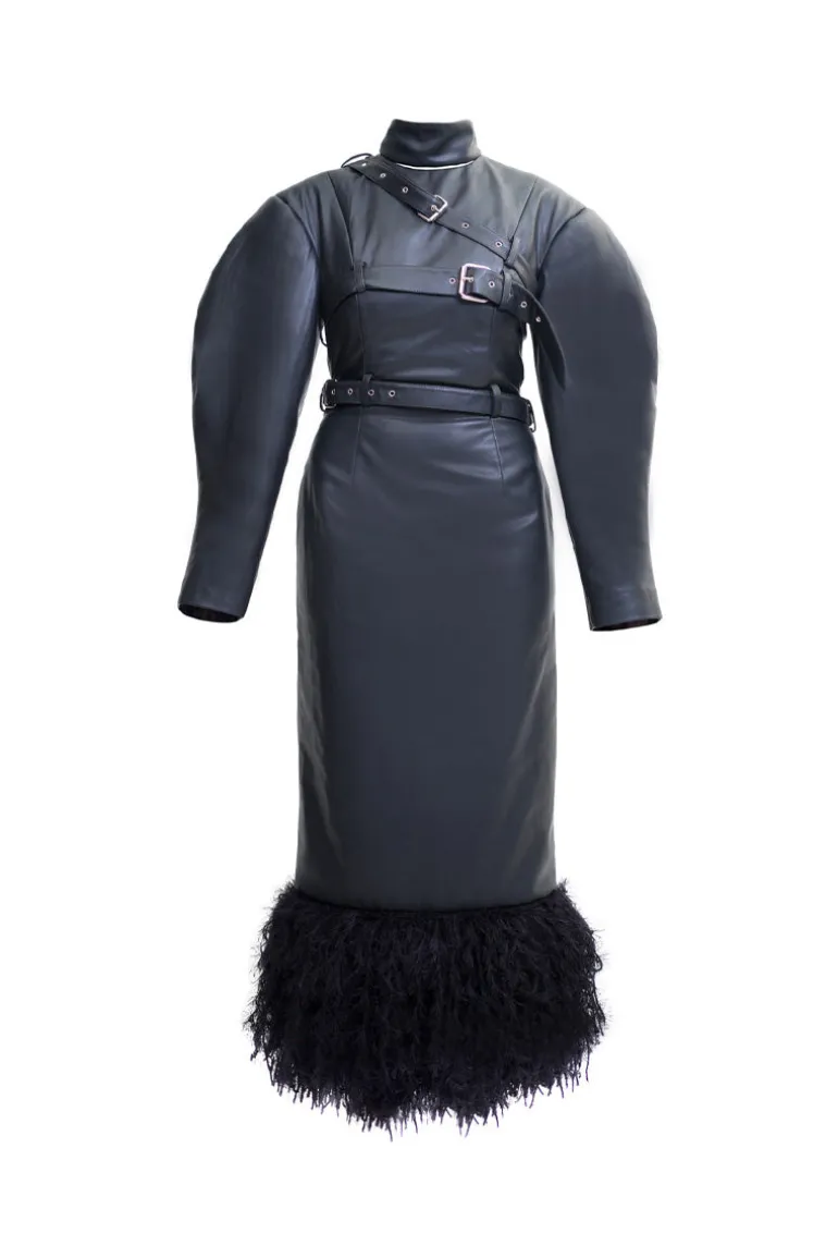 Dresses<CULT MIA HIGH-NECK FRINGED FAUX LEATHER DRESS Black