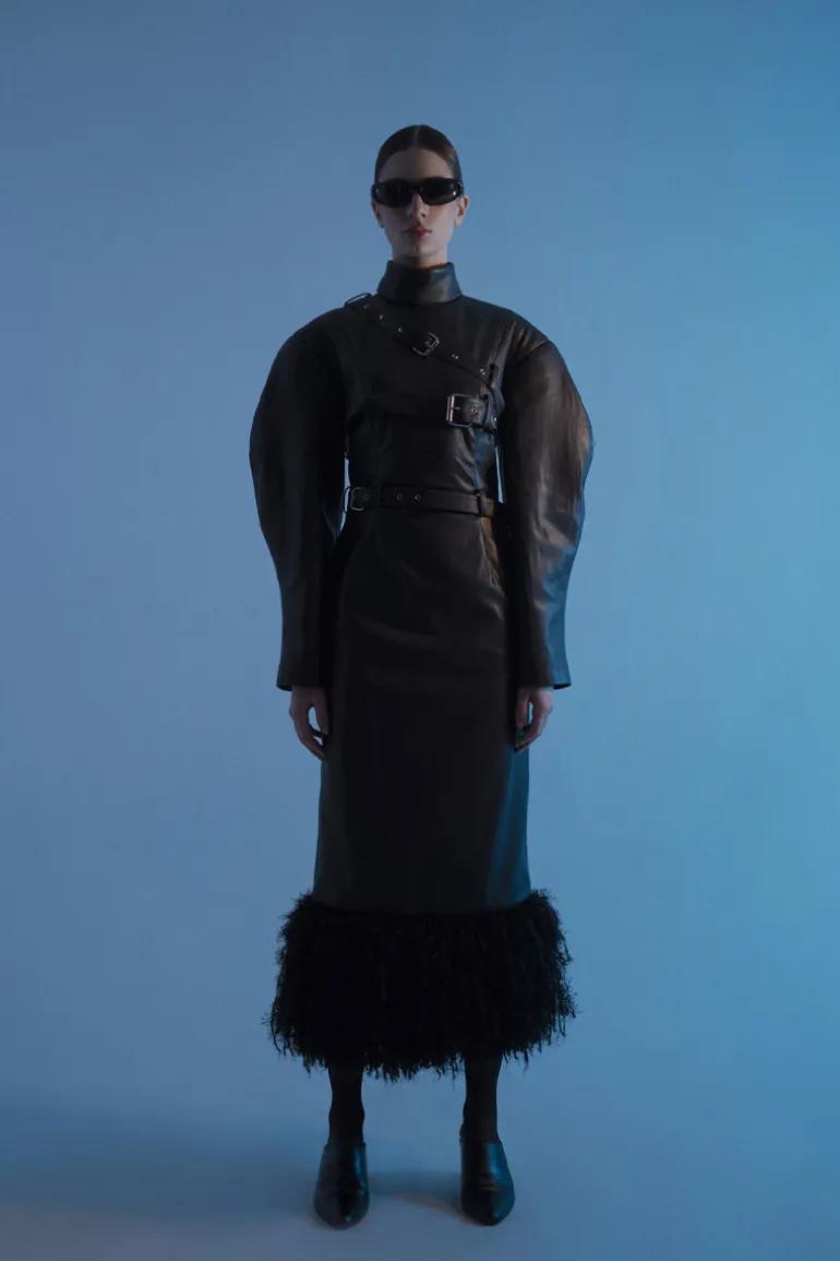 Dresses<CULT MIA HIGH-NECK FRINGED FAUX LEATHER DRESS Black