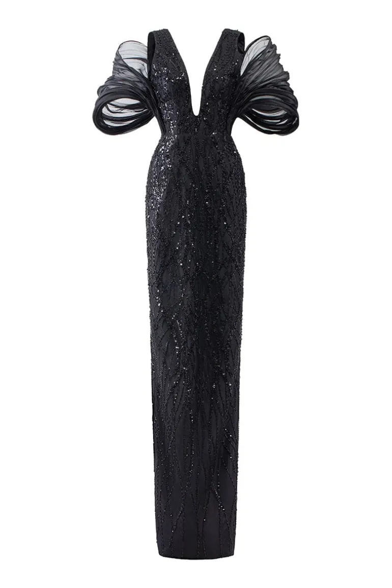 Dresses<CULT MIA ISABELLA CRYSTAL LACE V NECKLINE DRESS Black