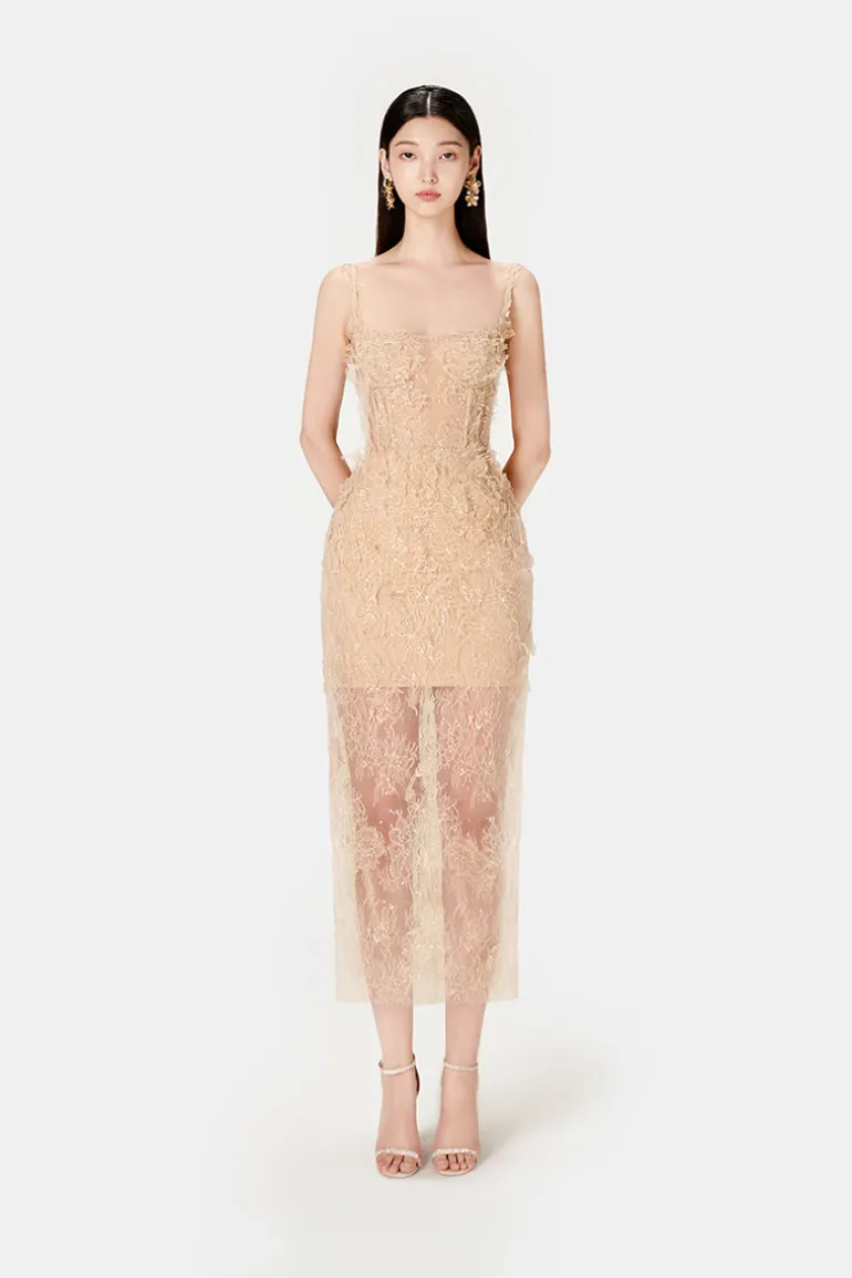 Dresses | Midi Dresses<CULT MIA IVORY BEADED LACE PENCIL DRESS Beige