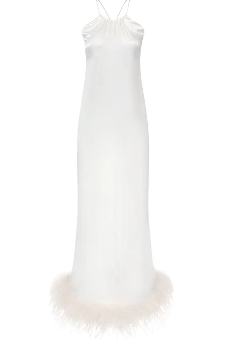 Dresses&lt;CULT MIA BRIDE-TO-BE HALTER NECK SILK MAXI DRESS WITH REMOVABLE FEATHERS Ivory
