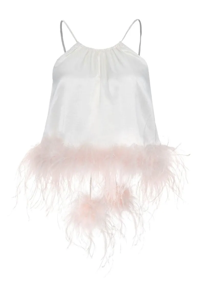 Tops<CULT MIA BRIDE-TO-BE HALTER NECK SILK TOP WITH REMOVABLE FEATHERS Ivory