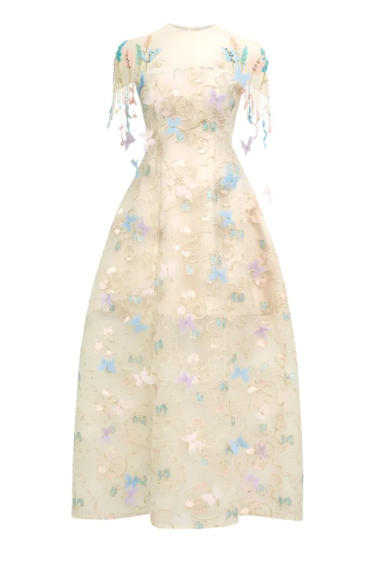 Dresses<CULT MIA IVORY FLORAL ORGANZA MAXI DRESS WITH COLORFUL BUTTERFLIES IN White