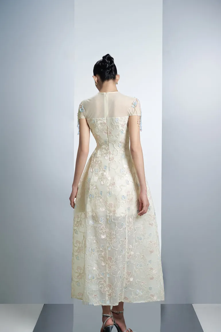 Dresses<CULT MIA IVORY FLORAL ORGANZA MAXI DRESS WITH COLORFUL BUTTERFLIES IN White