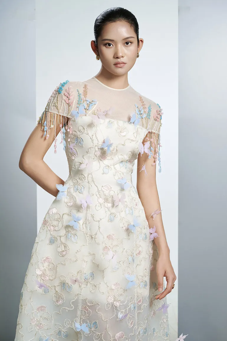 Dresses<CULT MIA IVORY FLORAL ORGANZA MAXI DRESS WITH COLORFUL BUTTERFLIES IN White