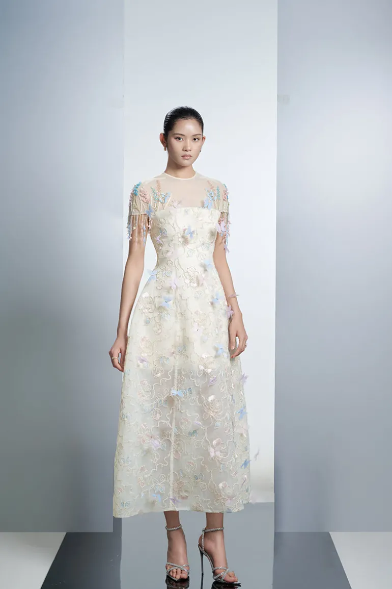 Dresses<CULT MIA IVORY FLORAL ORGANZA MAXI DRESS WITH COLORFUL BUTTERFLIES IN White