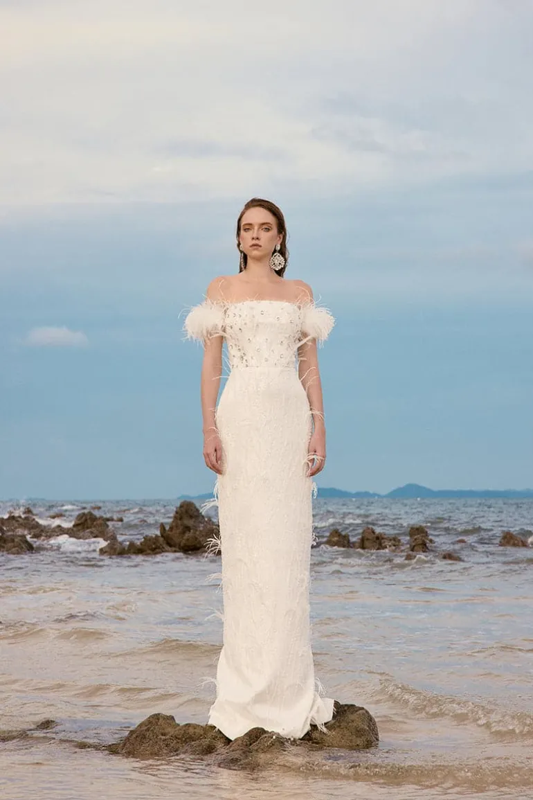 Dresses<CULT MIA JOLIE CRYSTAL LACE FEATHER DRESS White