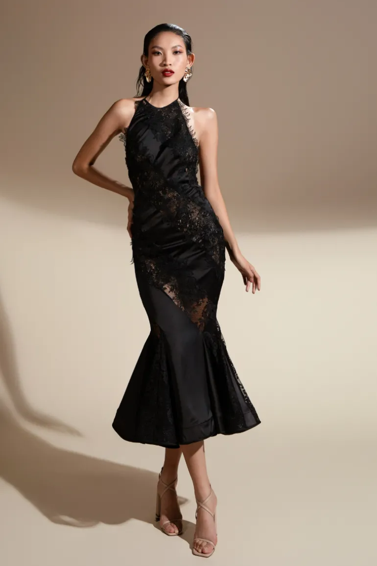 Dresses | Midi Dresses<CULT MIA JULIA MERMAID HALTER NECK LATIN SILK MIDI DRESS Black