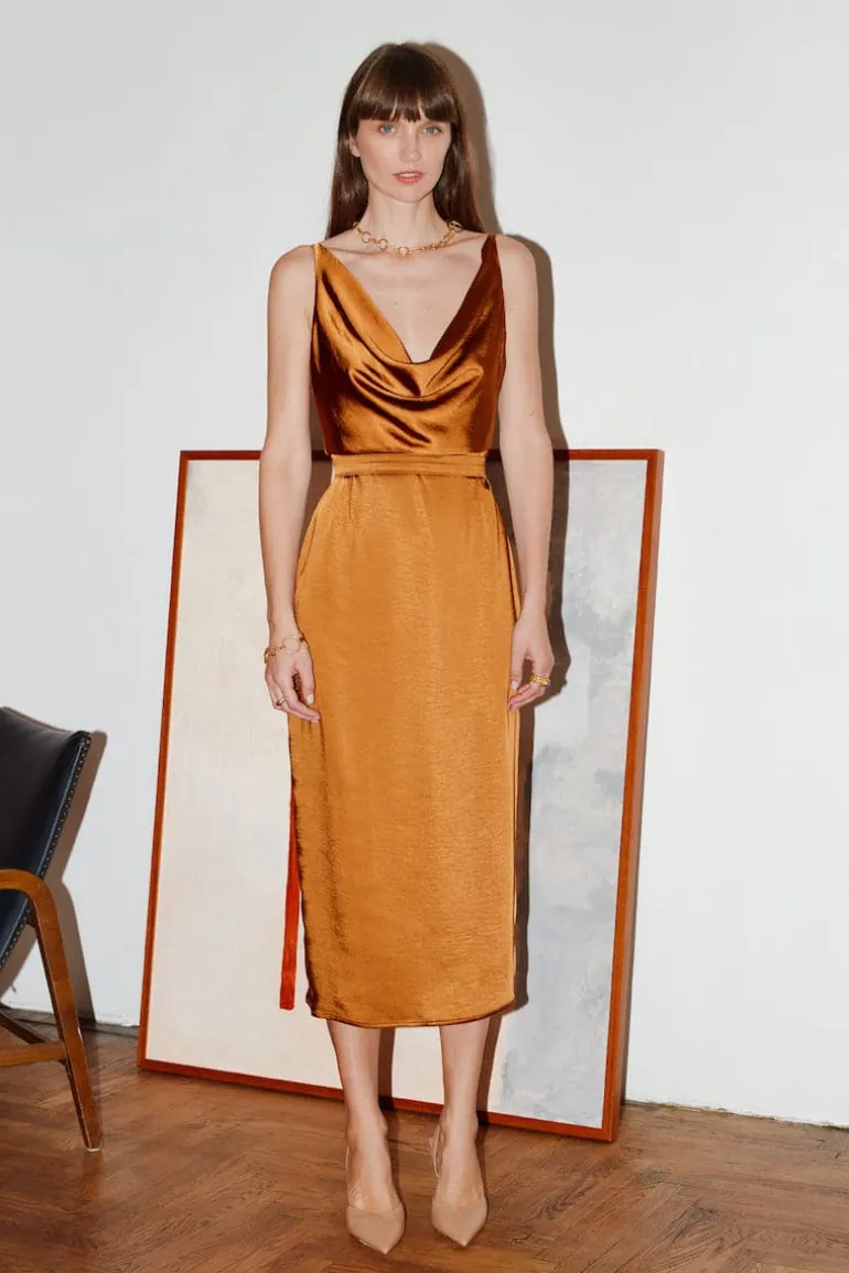 Dresses | Midi Dresses<CULT MIA KAMEA SATIN DRAPED MIDI DRESS Brown