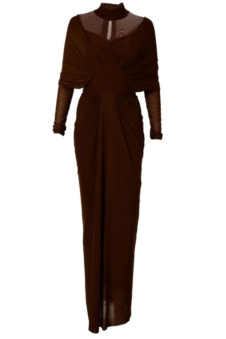 Dresses<CULT MIA KENNY BROWN DRAPED FULL SLEEVES NET DRAPED GOWN Chocolate Brown