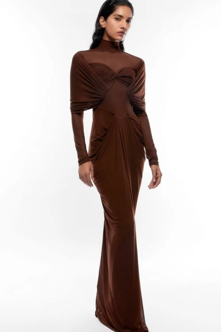 Dresses<CULT MIA KENNY BROWN DRAPED FULL SLEEVES NET DRAPED GOWN Chocolate Brown