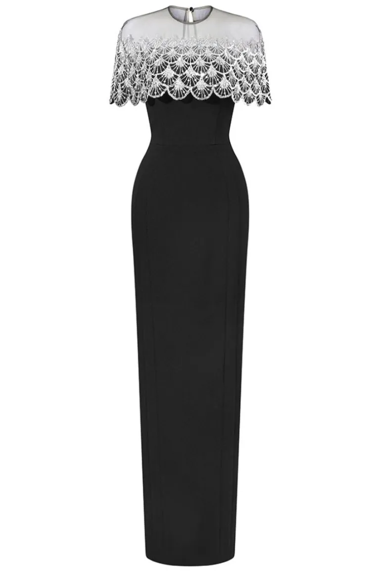 Dresses | Gowns<CULT MIA KRISTOFF BATEAU NECK GOWN WITH BEADED MINI CAPE Black