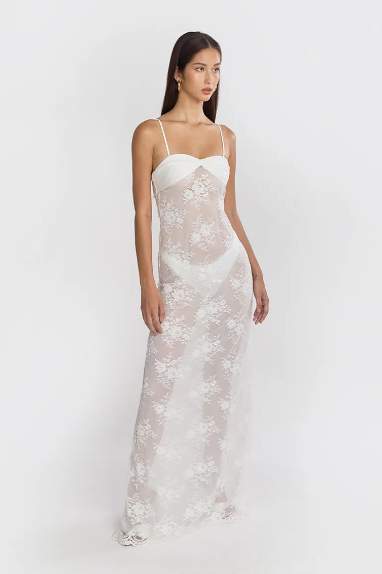Dresses<CULT MIA LACE SWAN SLIP MAXI DRESS IN White