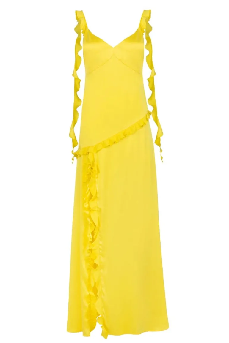 Dresses<CULT MIA RUFFLED SILK MAXI DRESS Lemon Yellow