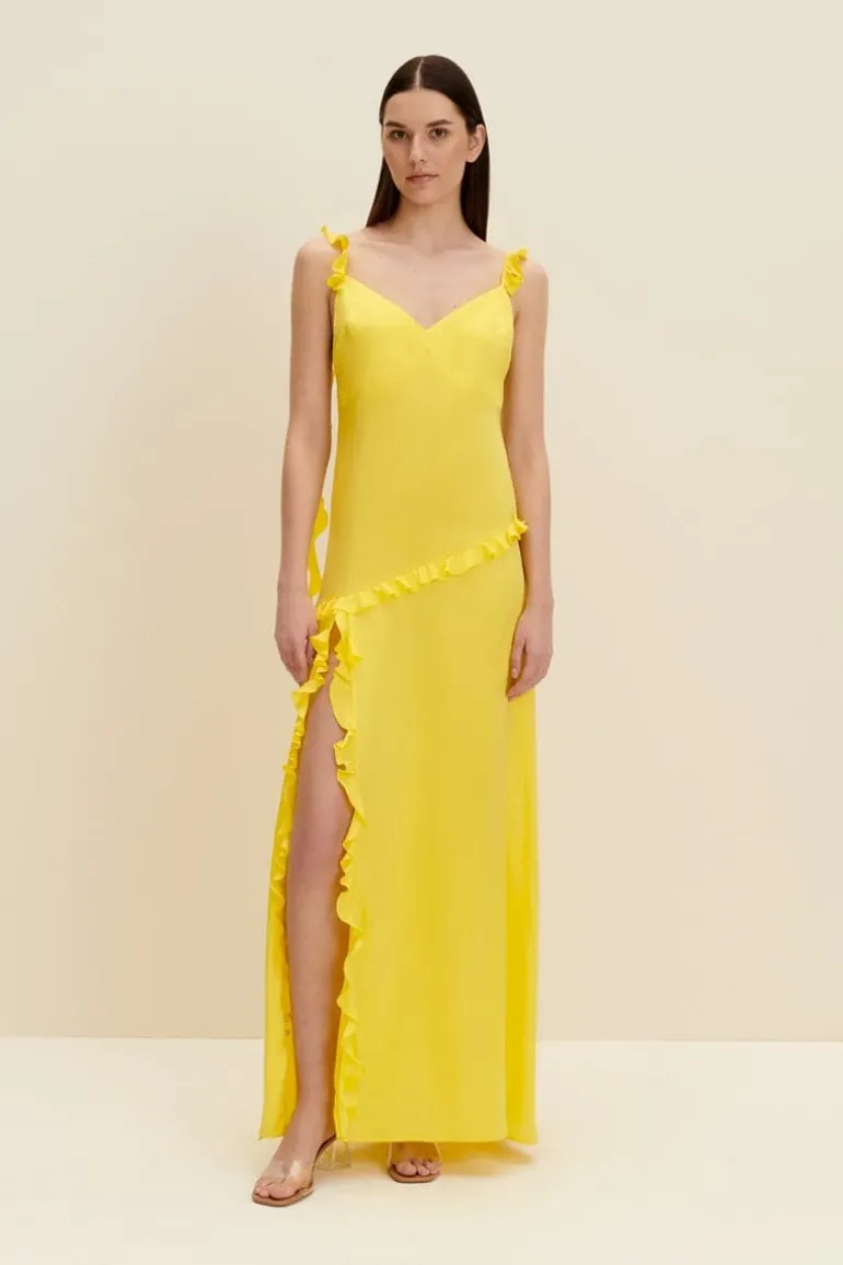 Dresses<CULT MIA RUFFLED SILK MAXI DRESS Lemon Yellow