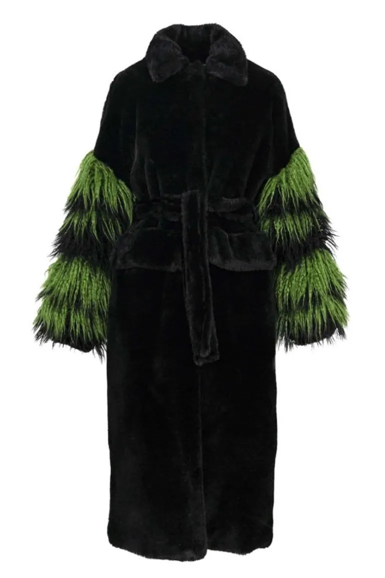 Coats<CULT MIA LONG BLACK AND GREEN FAUX FUR COAT WITH FLUFFY SLEEVES Black/Green
