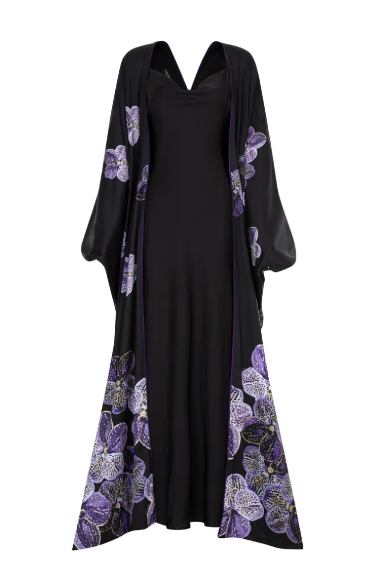 Dresses<CULT MIA LONG PURPLE FLORAL CAPE AND BLACK STRAP DRESS Black & Purple