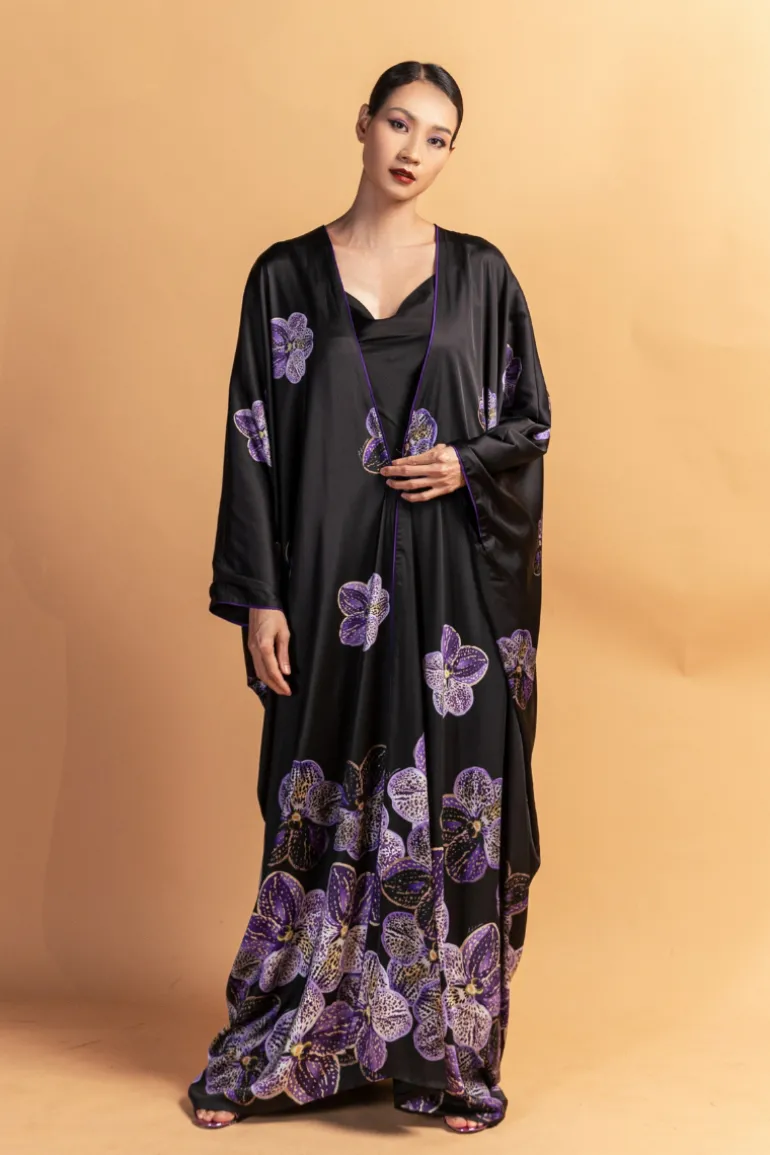Dresses<CULT MIA LONG PURPLE FLORAL CAPE AND BLACK STRAP DRESS Black & Purple
