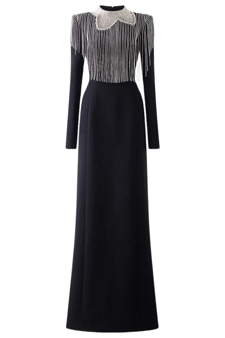 Dresses | Gowns<CULT MIA LONG SLEEVE CRYSTAL TASSEL BODYCON FLOOR-LENGTH GOWN Black