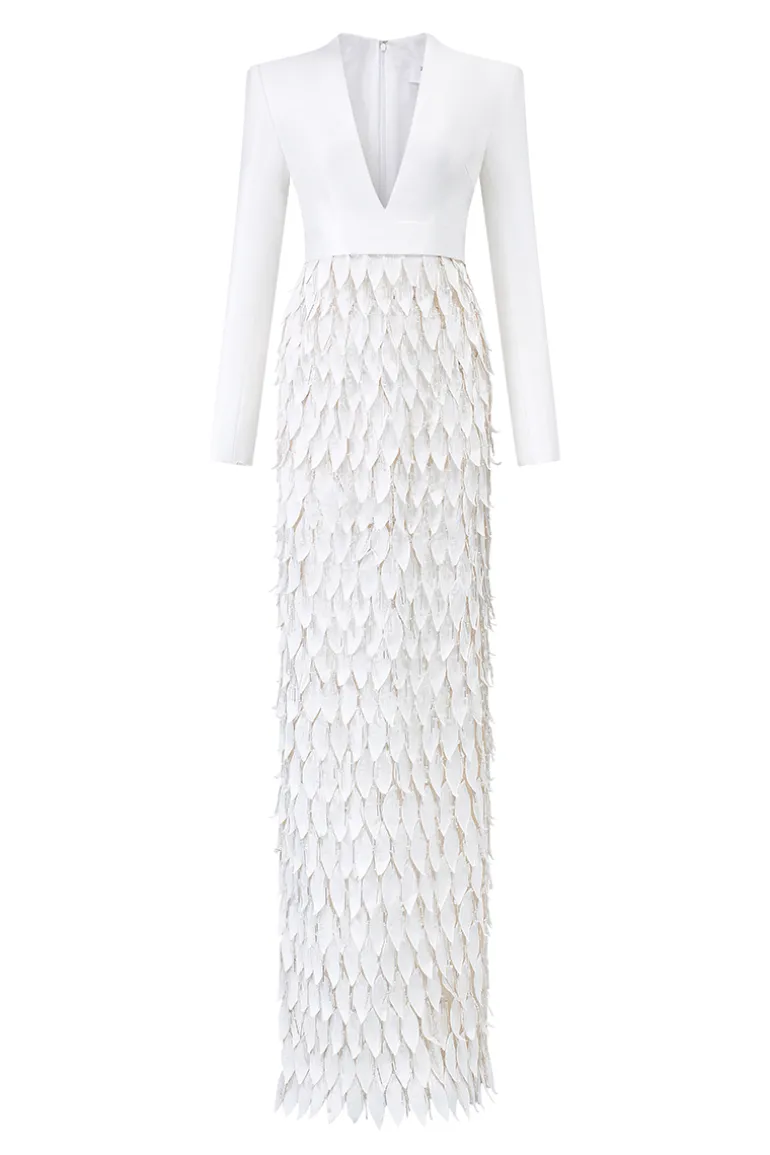 Dresses<CULT MIA LONG SLEEVE LAYERED LEAF MAXI DRESS White