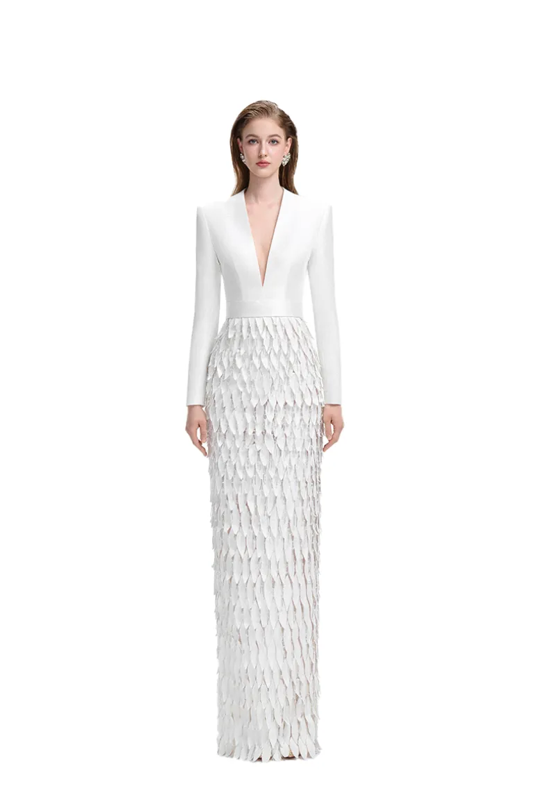 Dresses<CULT MIA LONG SLEEVE LAYERED LEAF MAXI DRESS White