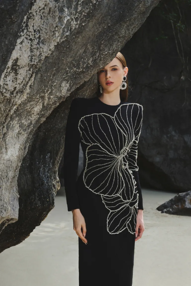 Dresses | Gowns<CULT MIA LONG SLEEVE ORCHID PATTERNED BODY-CON FULL DRESS Black